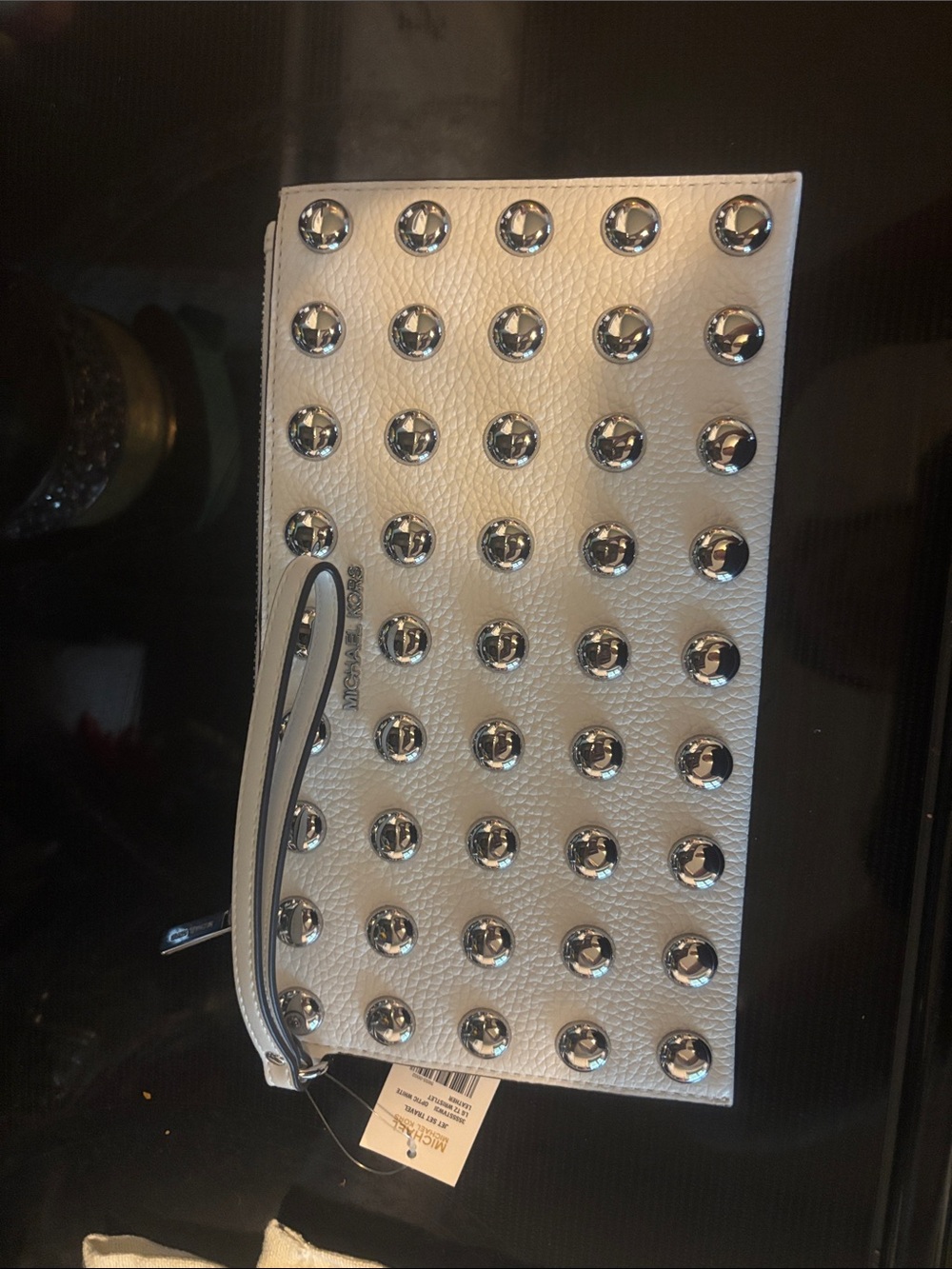 Michael Kors White Pebbled Leather Studded Wristlet Clutch with Silver Studs
